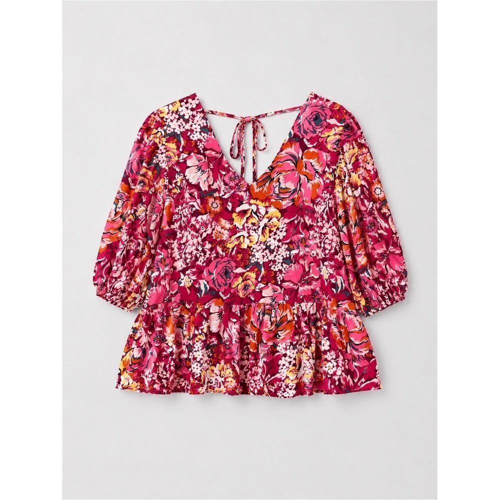 Jade Floral Peasant Blouse Top XL Cottage Prairie Bohemian Puff Sleeves